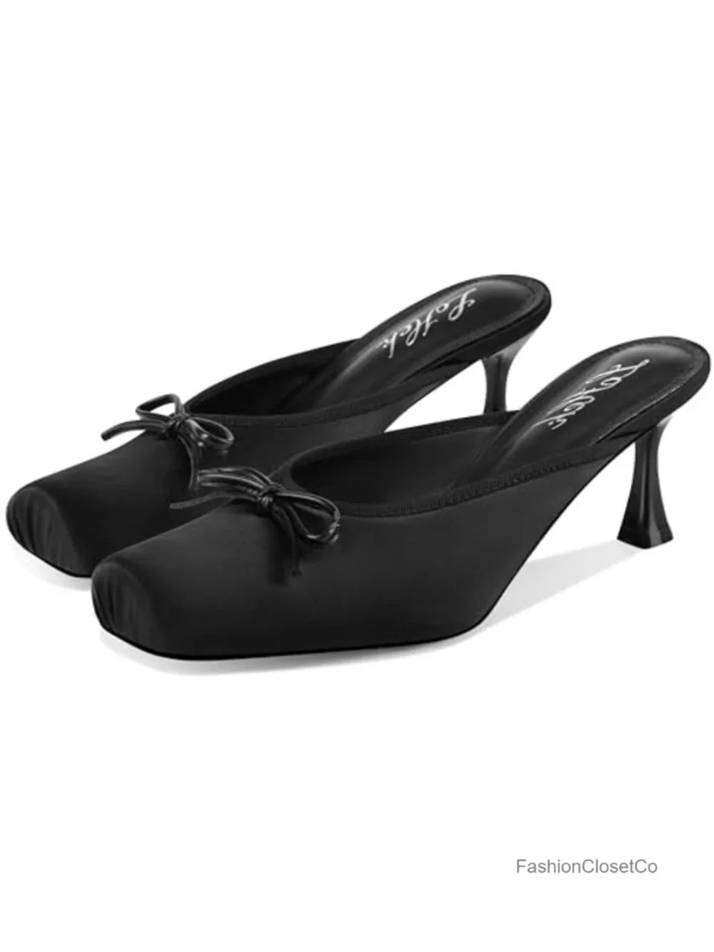 Satin Ballet Mule Kitten Heels Slip On Bow Square Toe Pumps Wedding Party